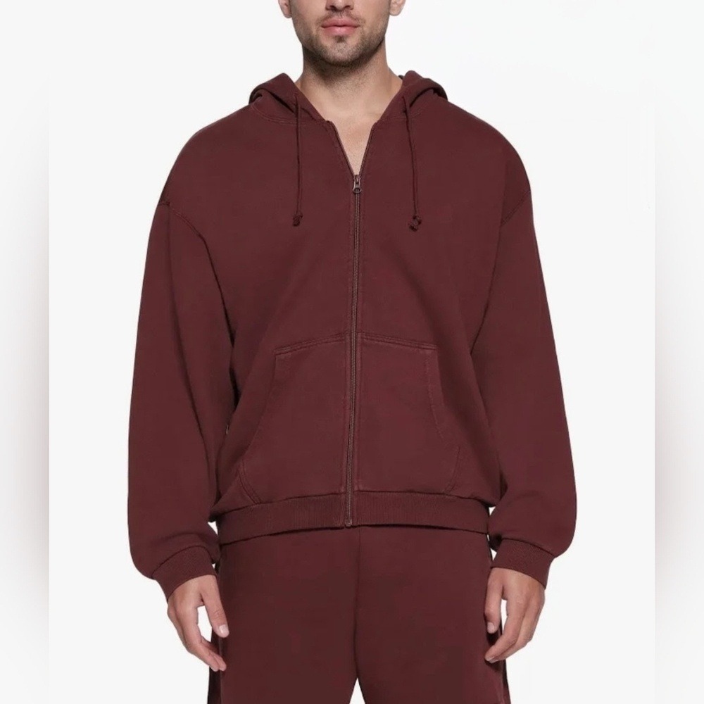 SKIMS Cotton Terry Zip Up Hoodie EUC Oversize Sz L Maroon Red Terry Loungewear - Picture 1 of 10